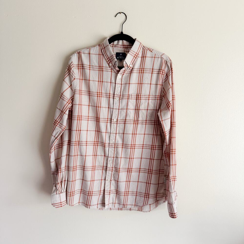 Ben Sherman Tan + Red Monroe Poplin Plaid Button Down Cotton Shirt Medium
